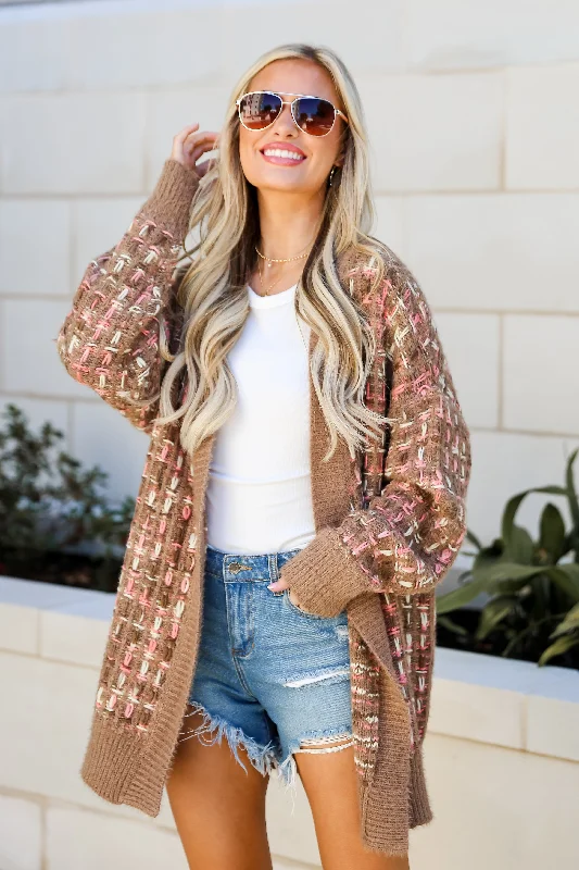 FINAL SALE - Cuddly Instinct Mocha Plaid Stitch Cardigan