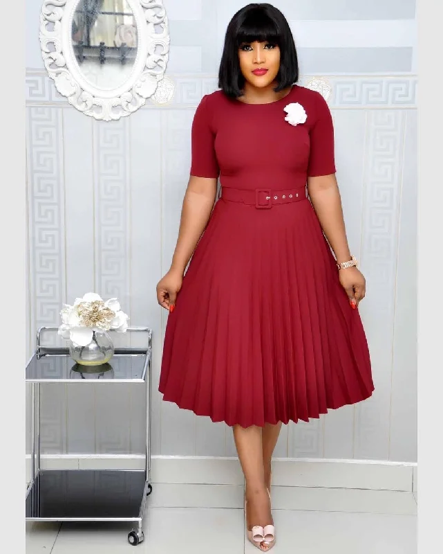 Round Neck Plus Size Mother's Dress Female Pleated Dress +