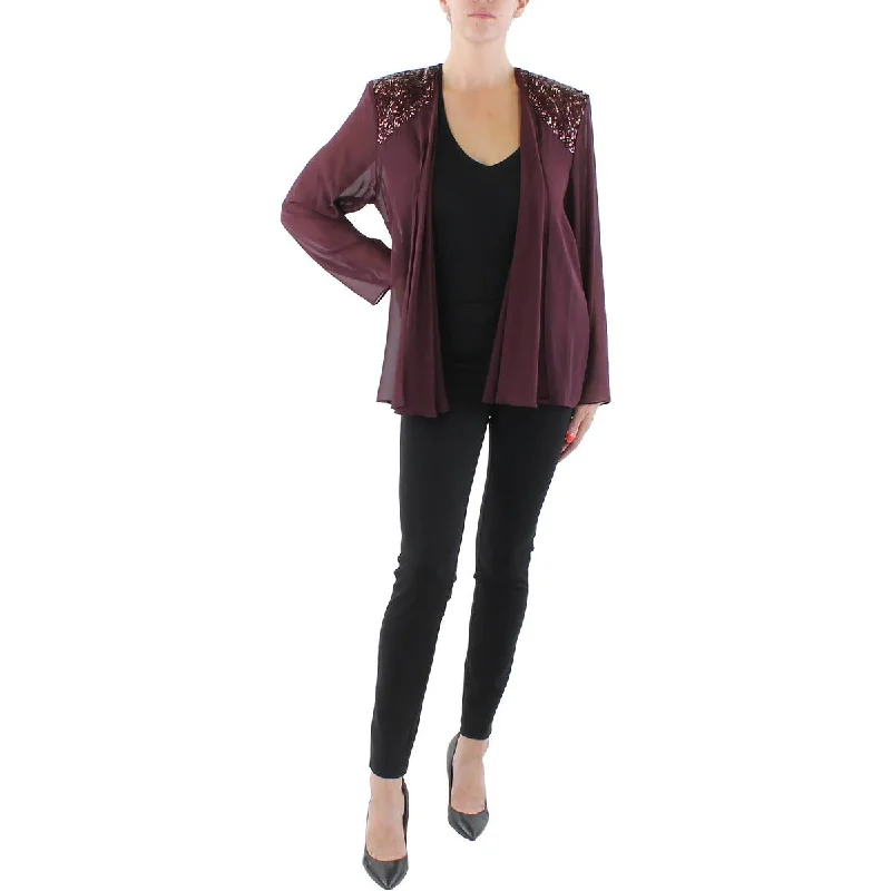 SLNY Womens Plus Chiffon Embellished Collarless Blazer