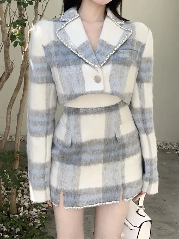 Elegant Plaid Cropped Autumn Winter High Waist Mini Skirt Blazer