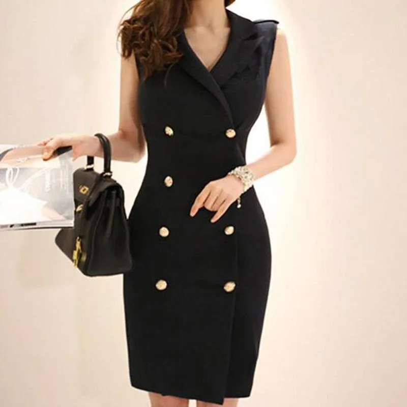 Solid Notched Double Breasted Sleeveless High Waist Bodycon Blazer