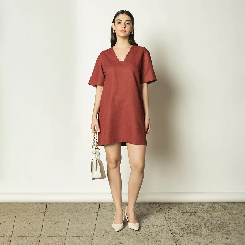 Hemp Cotton Short Dress for Women |  Plunge Neck | Red