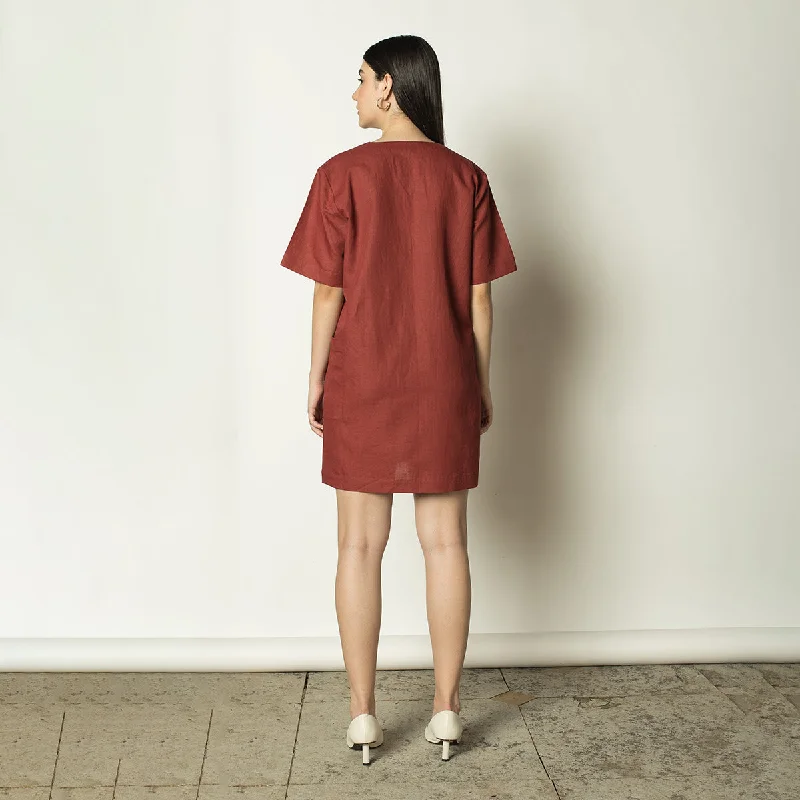 Hemp Cotton Short Dress for Women |  Plunge Neck | Red