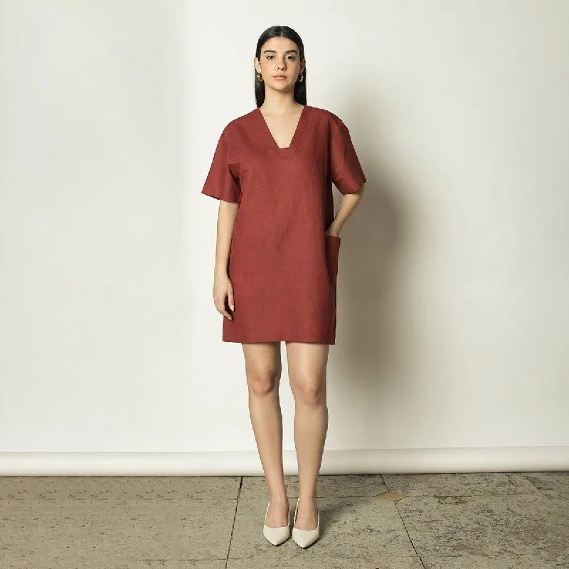 Hemp Cotton Short Dress for Women |  Plunge Neck | Red