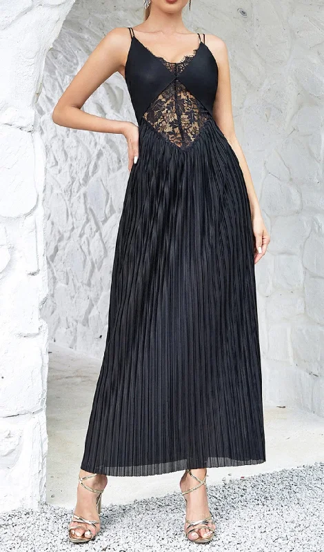 CONTRAST LACE PLEATED HEM CAMI DRESS IN BLACK