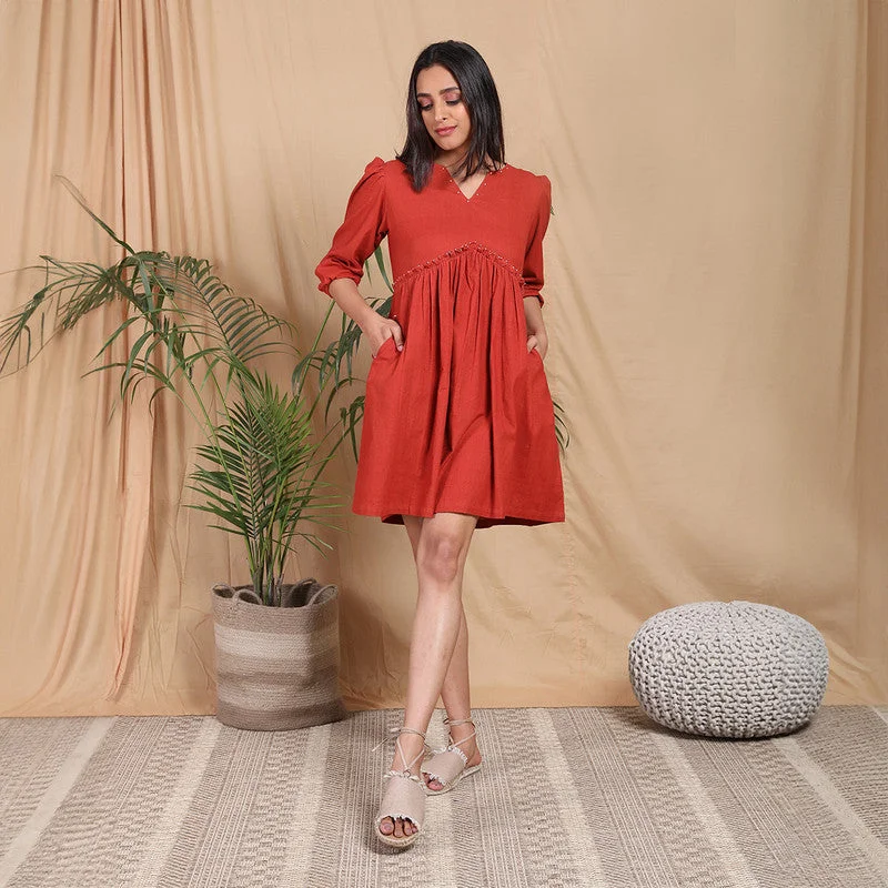 Cotton Short A-line Dress for Women | Red