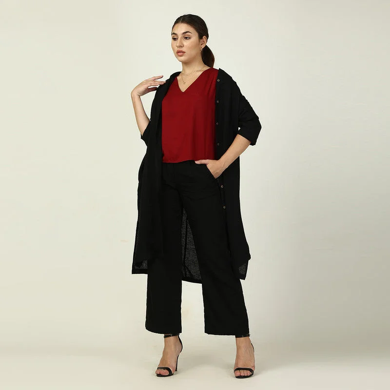 Linen 3 Piece Co Ord Set for Women | Black & Maroon