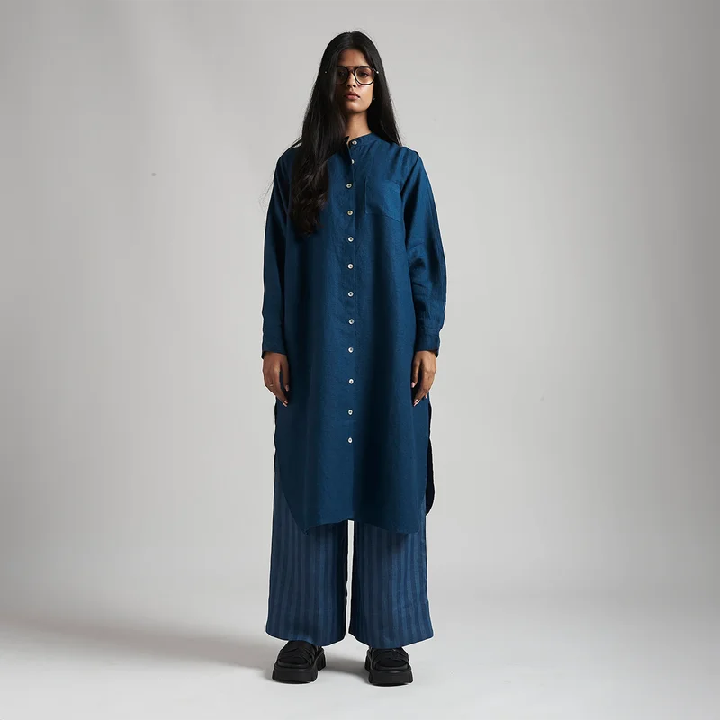 Indigo Linen Tunic Dress for Women | Full Sleeves