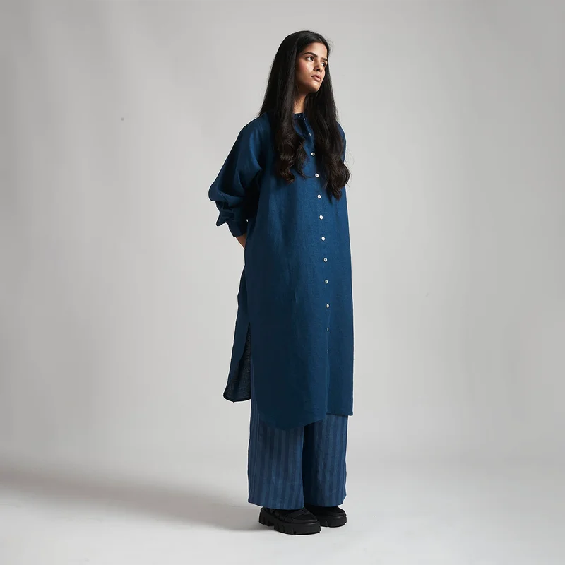 Indigo Linen Tunic Dress for Women | Full Sleeves