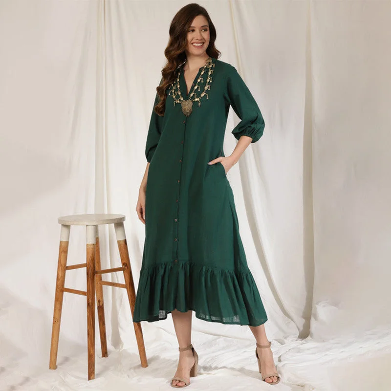 Cotton Long Dress for Women | Emerald Green