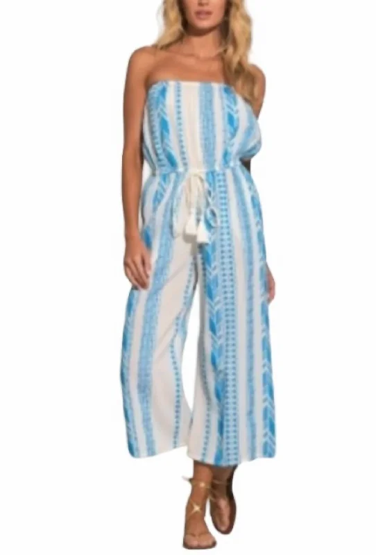 Strapless Jumpsuit In Blue & White