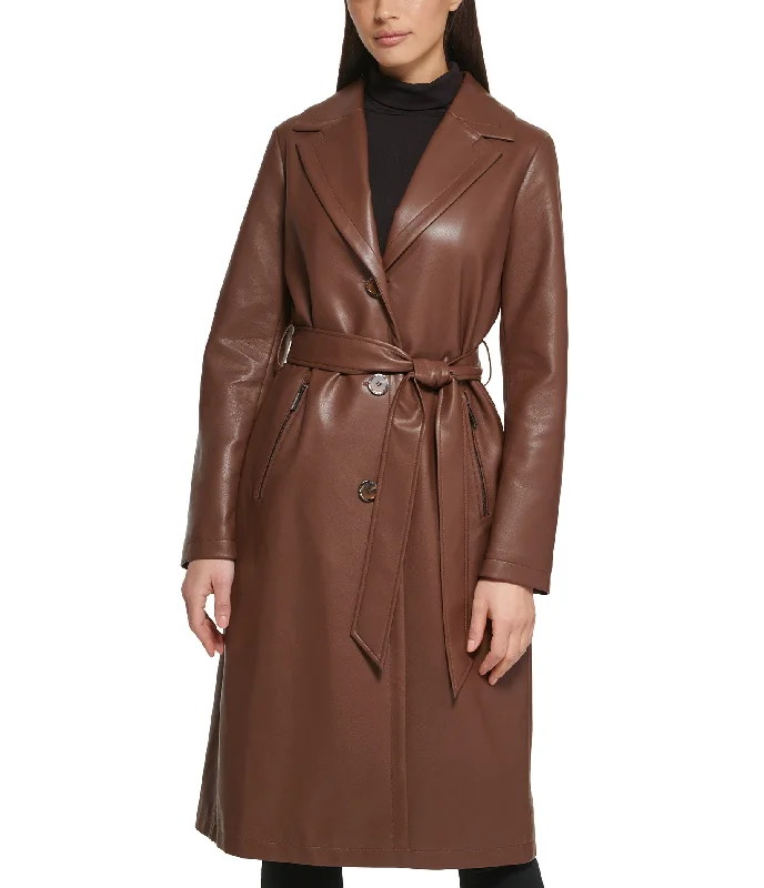 Belted Faux Leather Trench With faux fur shawl Collar