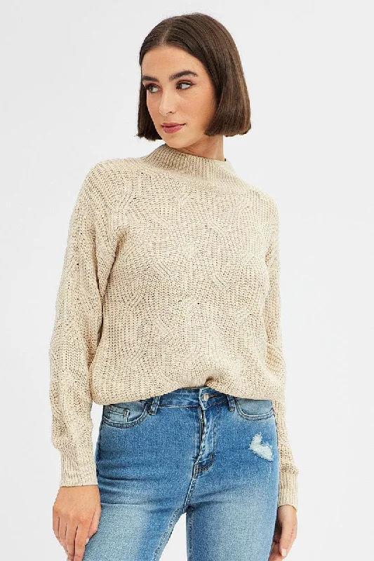 Beige Knit Top Long Sleeve Turtleneck Cable