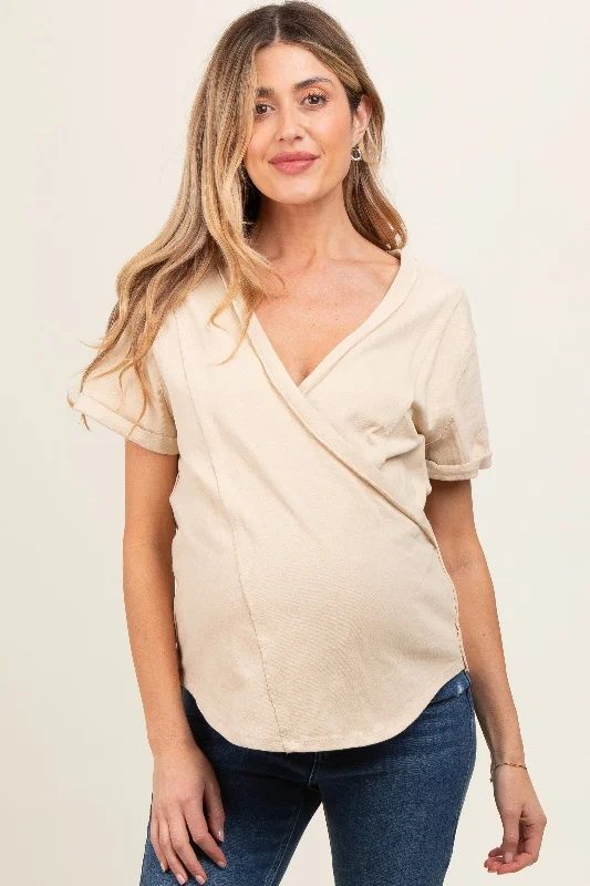 beige-wrap-short-sleeve-raw-hem-maternity-top