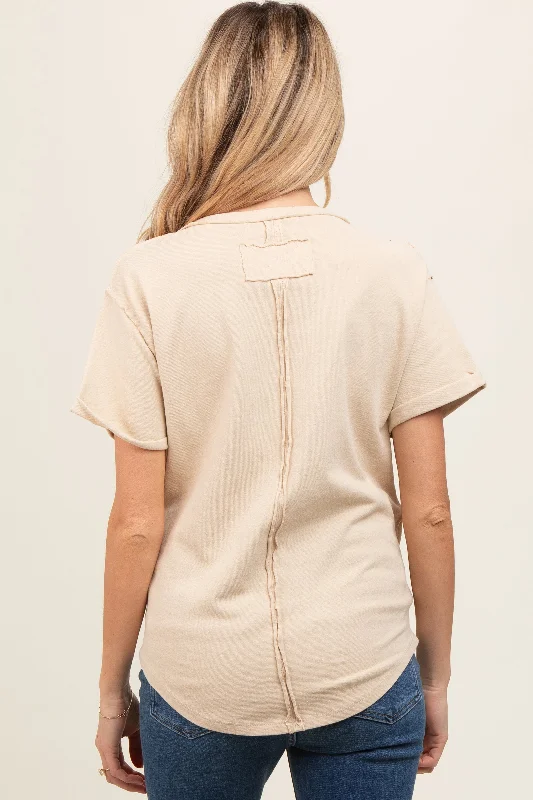 beige-wrap-short-sleeve-raw-hem-maternity-top