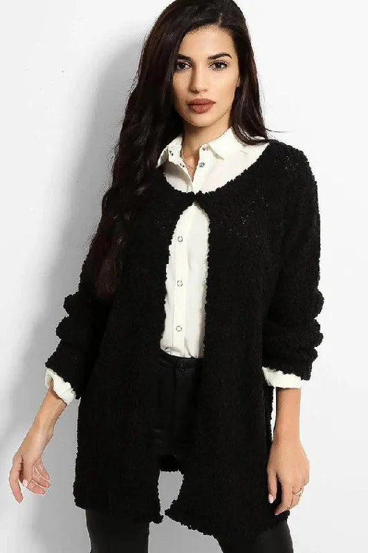 Black Boucle Knit One Button Cardigan