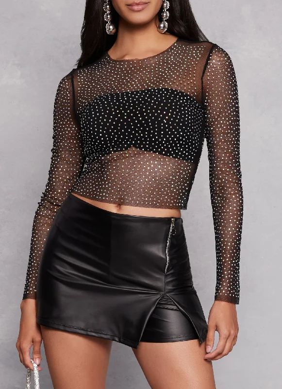 Iris Mesh Rhinestone Crew Neck Top