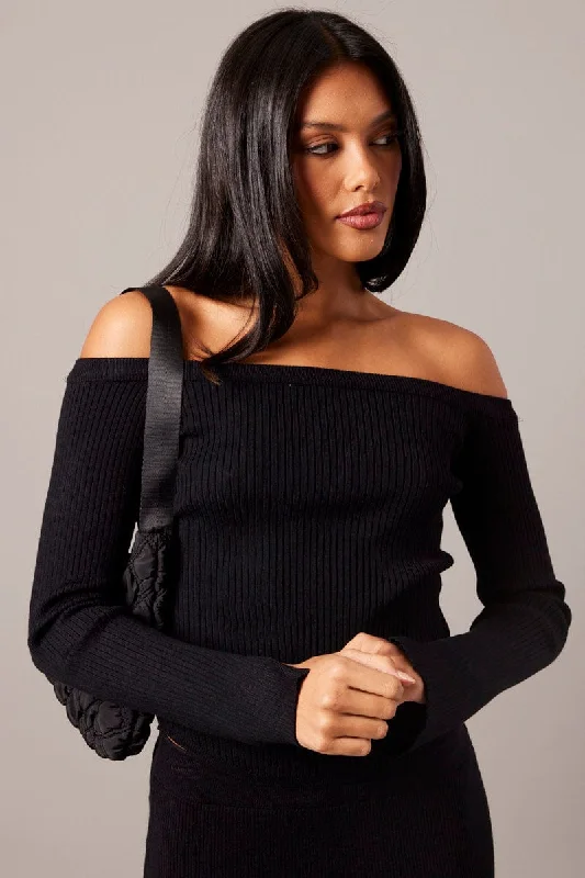 Black Knit Top Long Sleeve Off Shoulder