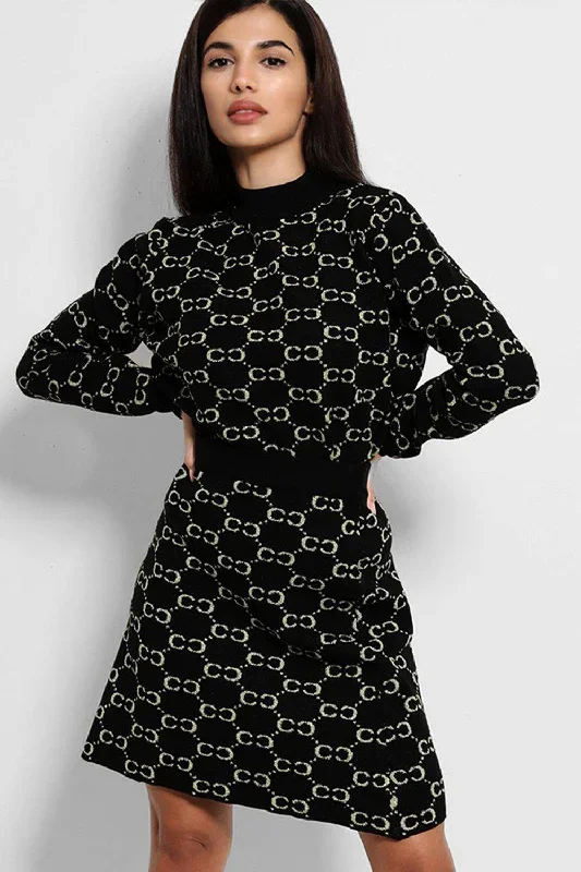 black-lurex-chain-print-soft-knit-skirt-and-pullover-set