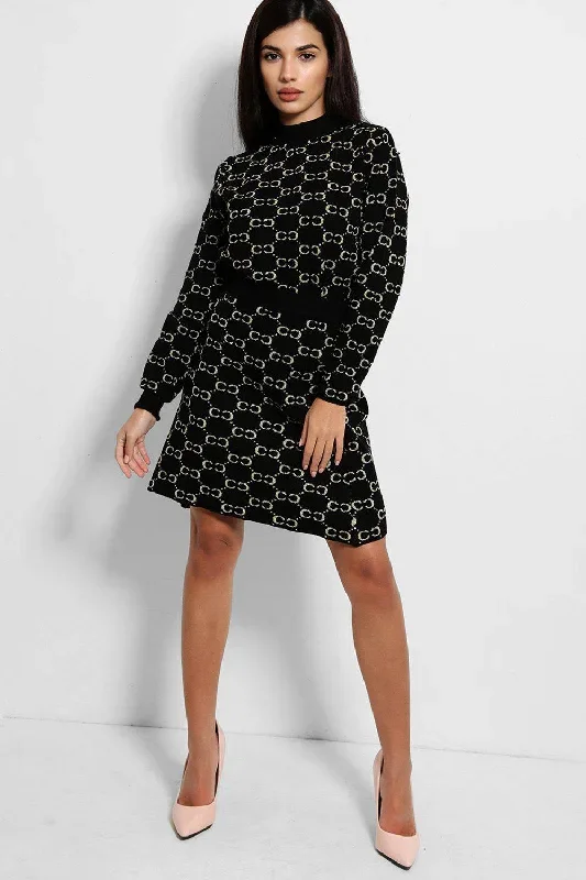 black-lurex-chain-print-soft-knit-skirt-and-pullover-set