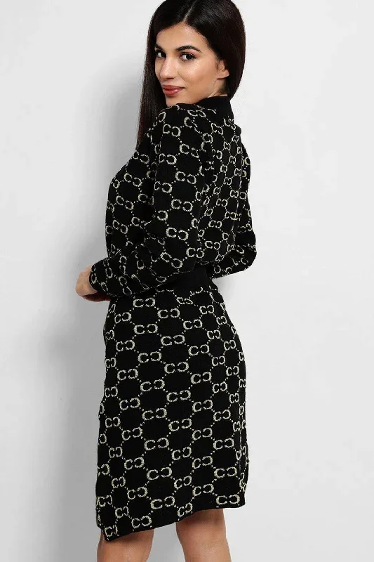 black-lurex-chain-print-soft-knit-skirt-and-pullover-set