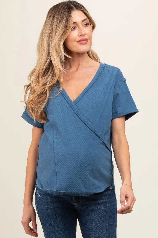 blue-wrap-short-sleeve-raw-hem-maternity-top