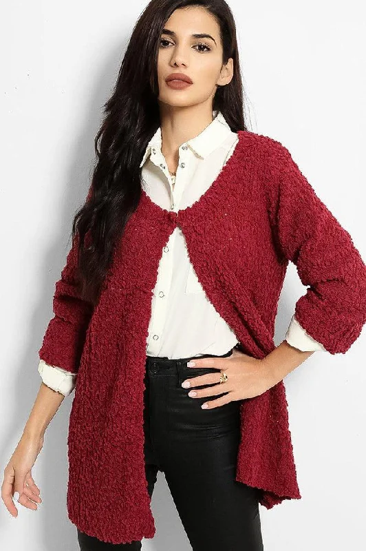 Burgundy Boucle Knit One Button Cardigan