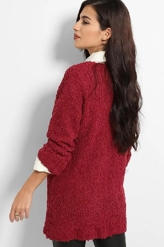 burgundy-boucle-knit-one-button-cardigan