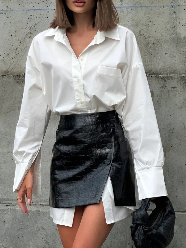 Casual Solid Shirt With Faux Leather Mini Skirt Set