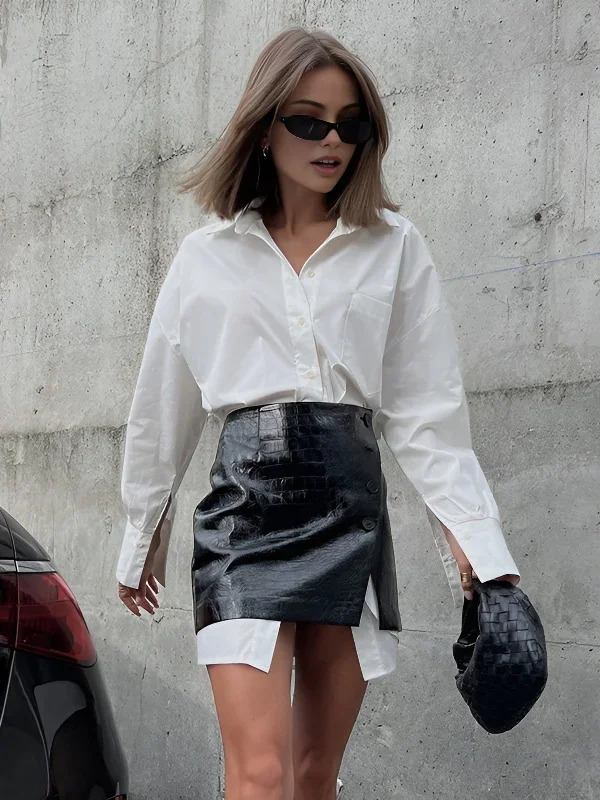 casual-solid-shirt-with-faux-leather-mini-skirt-set