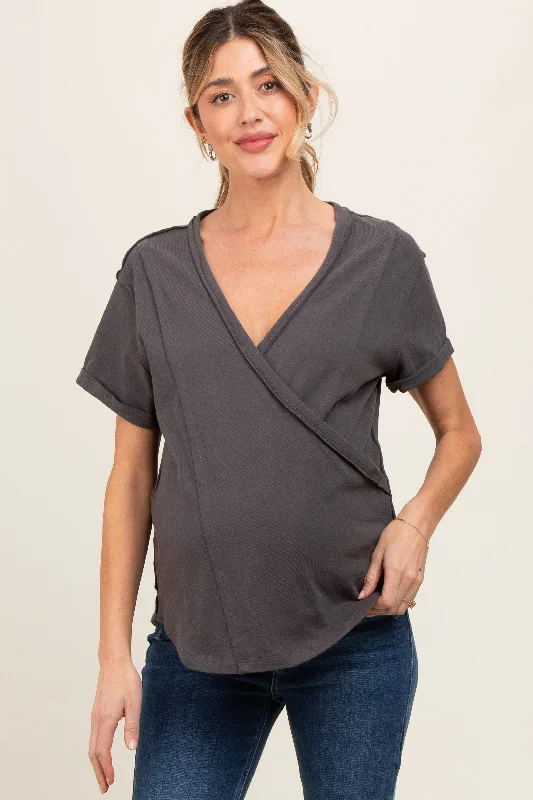 charcoal-wrap-short-sleeve-raw-hem-maternity-top