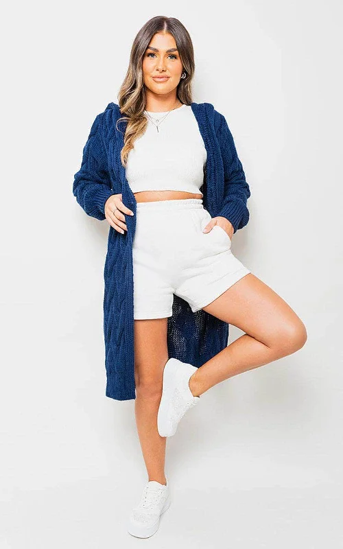 Chunky Cable Knitted Oversized Longline Hooded Cardigan