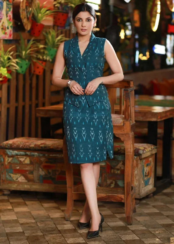 Classic Teal Ikat Office Wear Skirt with Optional Waist Coat