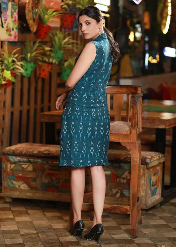 classic-teal-ikat-office-wear-skirt-with-optional-waist-coat