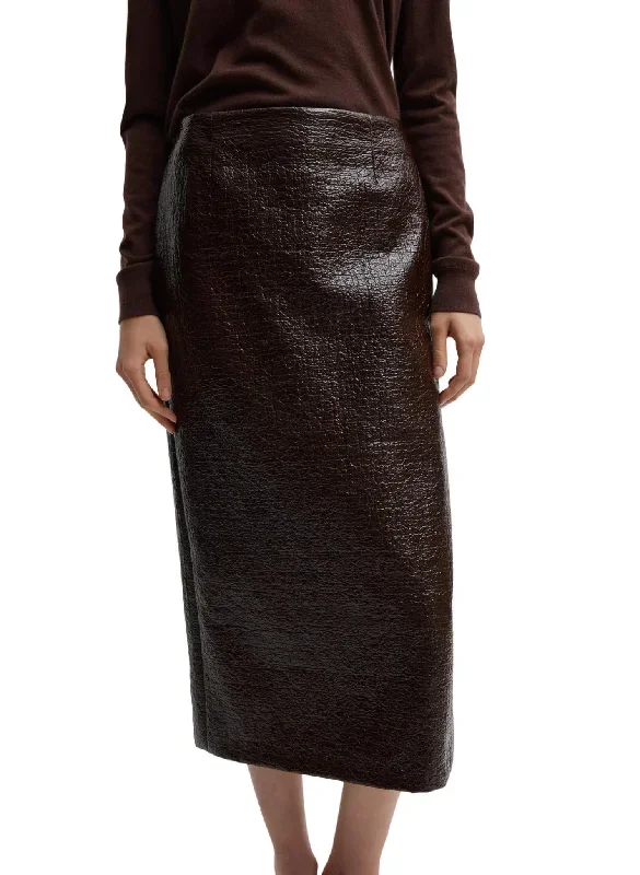 Coated Basketweave Pencil Skirt In Brown