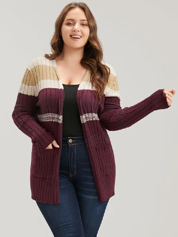 Colorblock Contrast Super Soft Rib Knit Pocket Open Front Cardigan