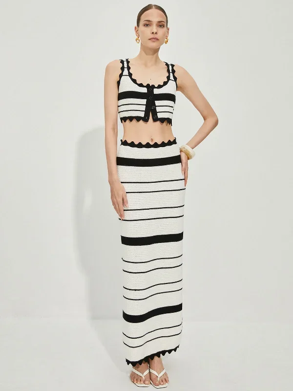 contrast-trim-stripe-knit-skirt-set