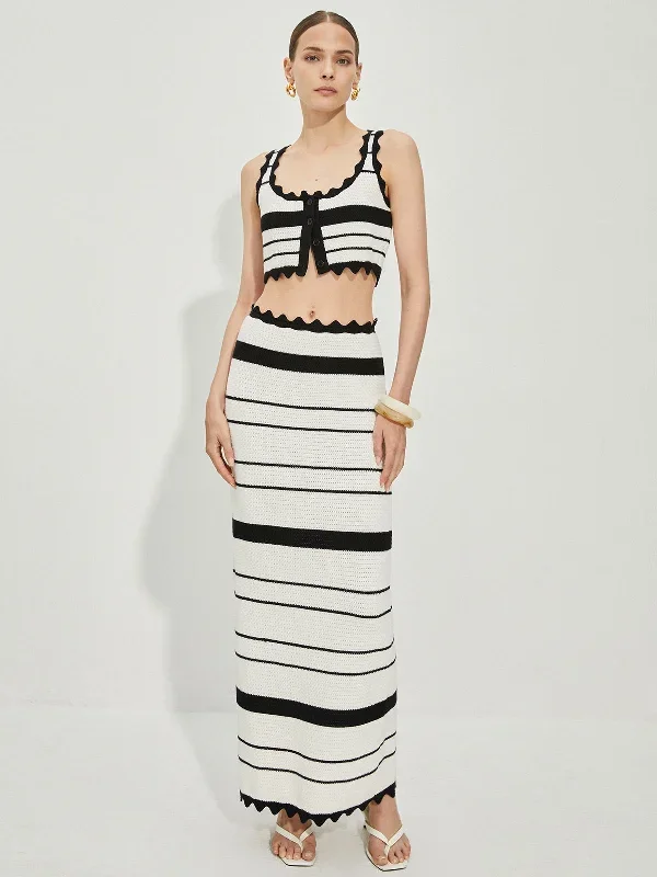 contrast-trim-stripe-knit-skirt-set