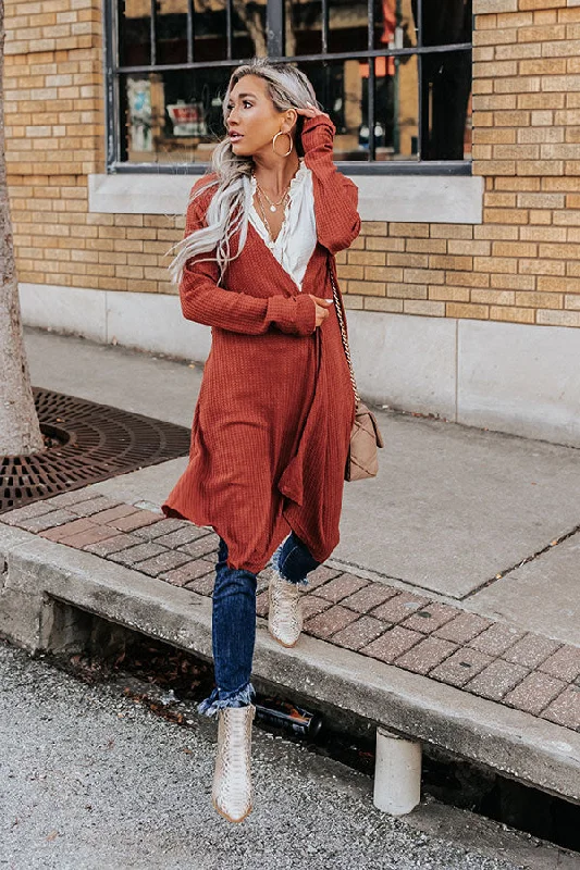 Coolest Feeling Waffle Knit Cardigan In Rust