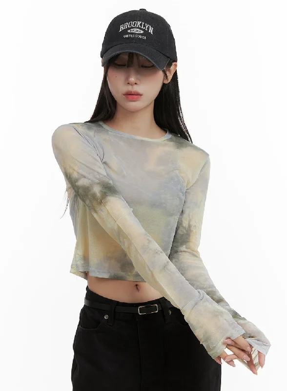 Dyed Long Sleeve Sheer Crop Top CA430