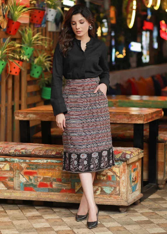 Elegant Black Indo-Western Cotton Ajrakh Office Wear Skirt Paired with Optional Plain Black Classic Shirt with Mandarin Collar