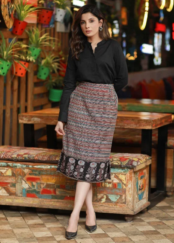 elegant-black-indo-western-cotton-ajrakh-office-wear-skirt-paired-with-plain-black-classic-shirt-with-mandarin-collar