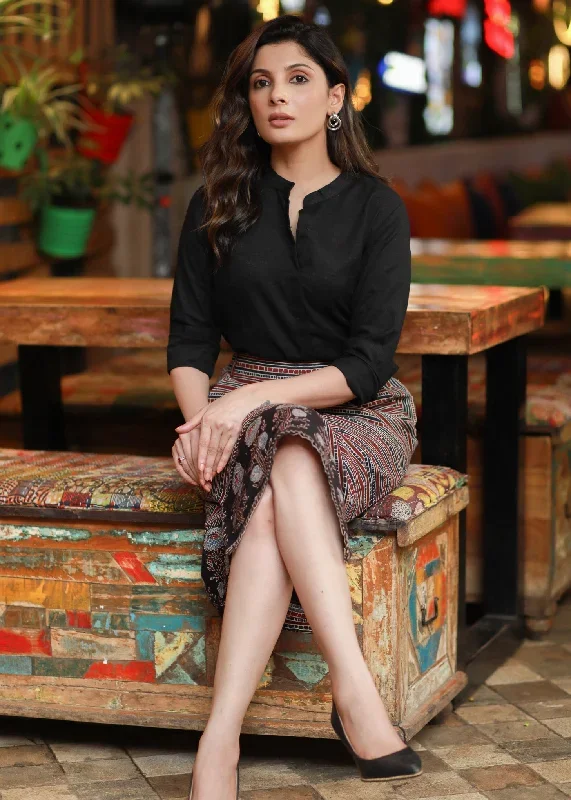 elegant-black-indo-western-cotton-ajrakh-office-wear-skirt-paired-with-plain-black-classic-shirt-with-mandarin-collar