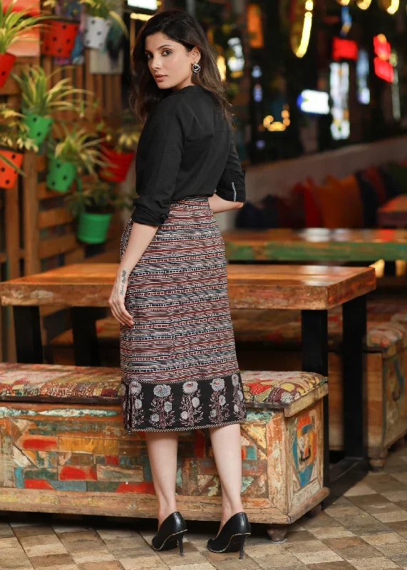 elegant-black-indo-western-cotton-ajrakh-office-wear-skirt-paired-with-plain-black-classic-shirt-with-mandarin-collar