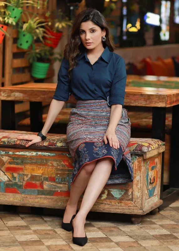 elegant-navy-blue-indo-western-cotton-ajrakh-office-wear-skirt-paired-with-classy-shirt