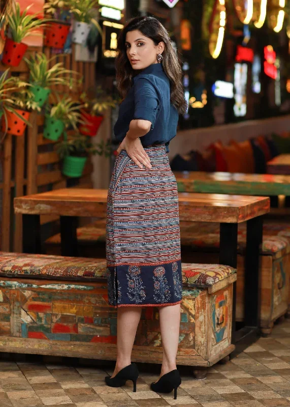 elegant-navy-blue-indo-western-cotton-ajrakh-office-wear-skirt-paired-with-classy-shirt