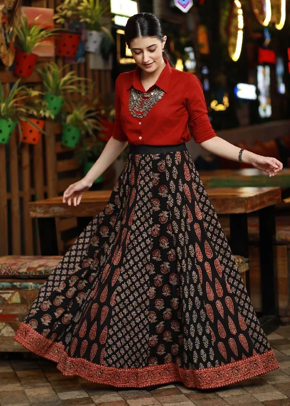 exclusive-black-cotton-ajrakh-patchwork-skirt-with-optional-cotton-maroon-shirt