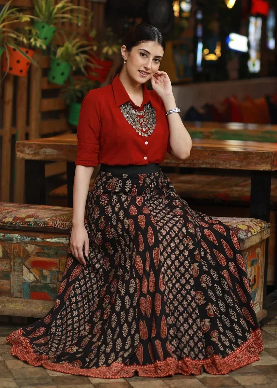 exclusive-black-cotton-ajrakh-patchwork-skirt-with-optional-cotton-maroon-shirt