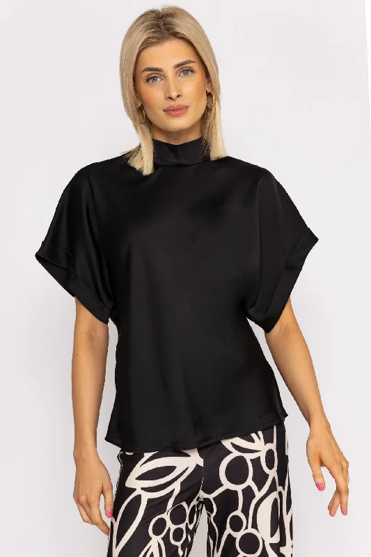 High Neck Sateen Top in Black