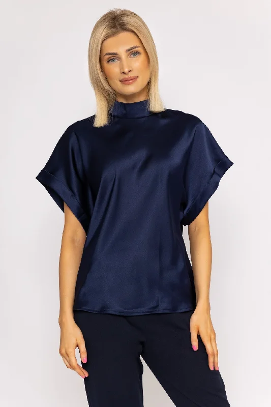 High Neck Sateen Top in Navy